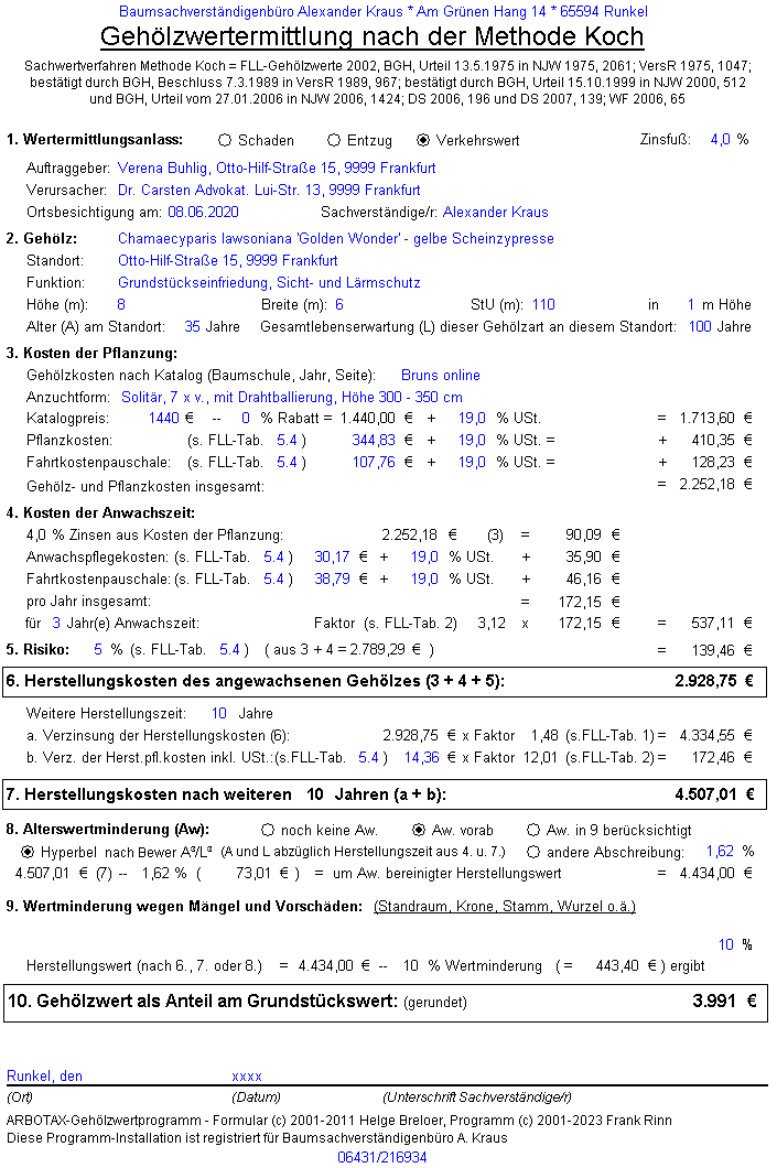 Formular zur Gehölzwertermittlung nach der Methode Koch